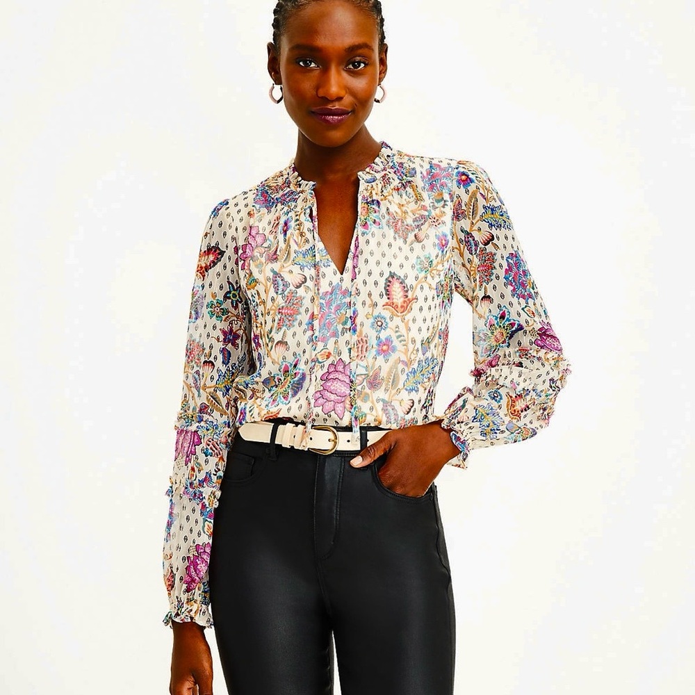 LOFT Ann Taylor Chiffon Bohemian Blouse Shimmer Vine Smocked Ruffle Tie Neck - Picture 9 of 16